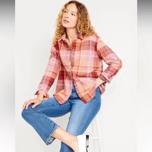 NWT Old Navy The Boyfriend Shirt Pink Orange Red Plaid Flannel Button Down SZ L